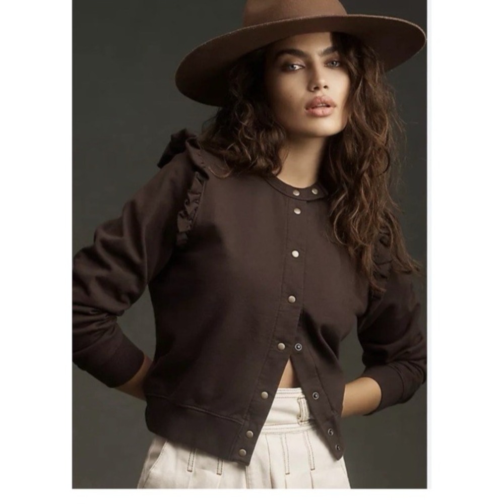 Clare V. Le Snap Ruffle Cardigan Sweater M Chocolate Brown Snap Front USA Cotton